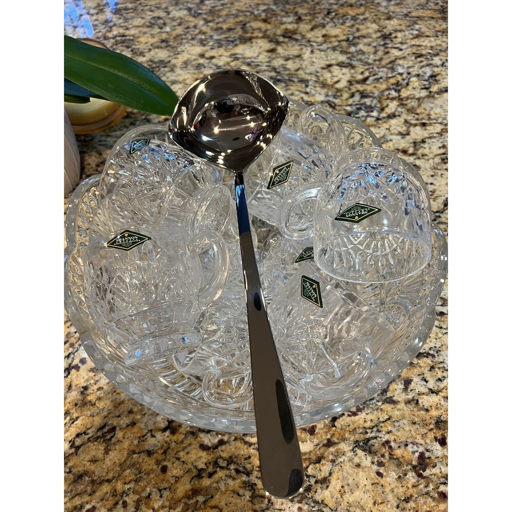 Vintage Shannon Crystal Punch Bowl Set 8 Cups Silver Plated Ladle American Coll